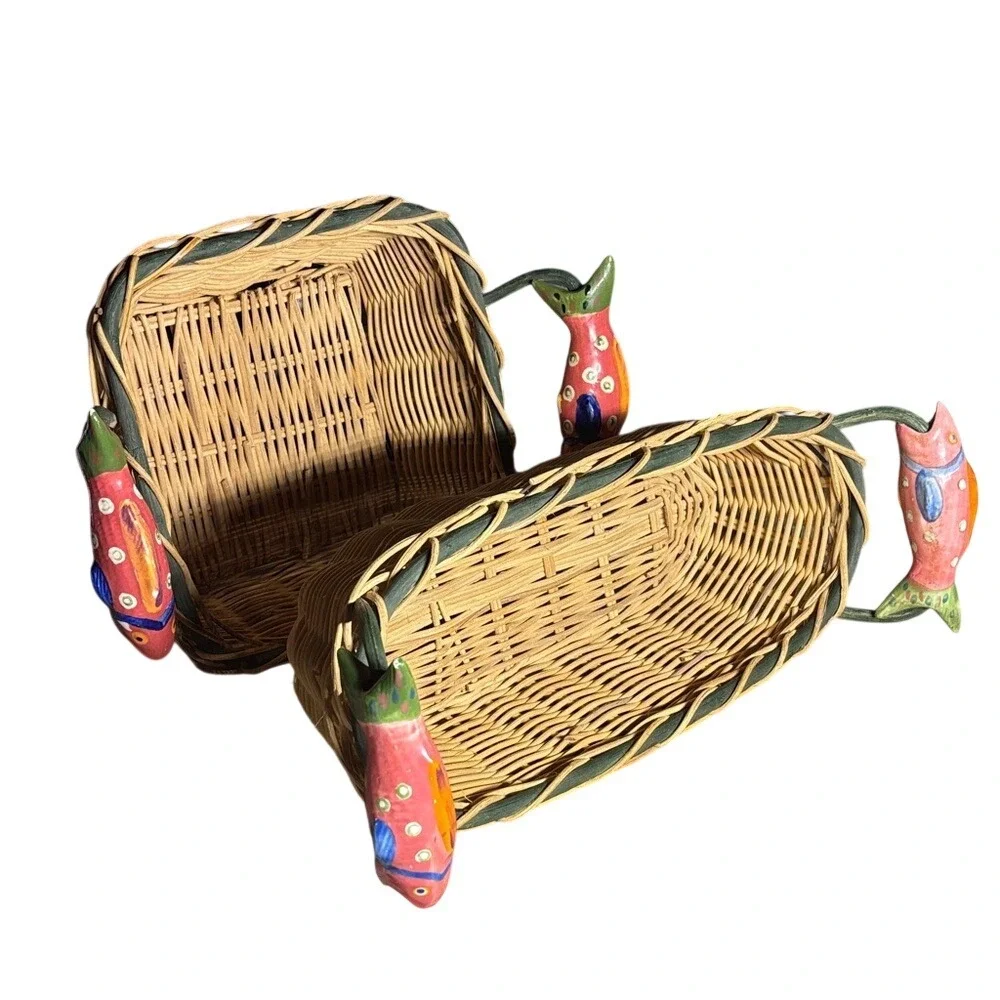 Fish Basket Wicker Ceramic Handles Nautical Beach Cottage Bread Square Lot (2)‎